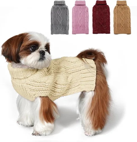 KYEESE Suéteres para perros medianos con hilo dorado, cuello alto, suéter de punto trenzado para perro para clima frío, beige, talla XL