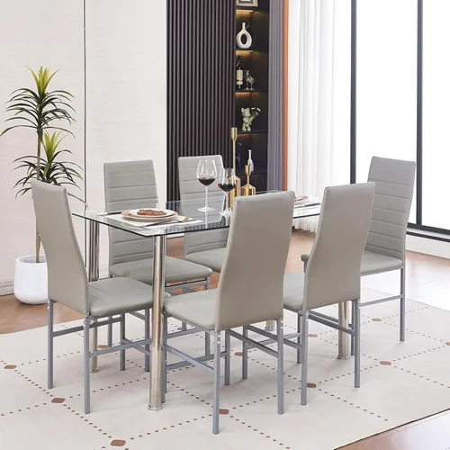 Miniatura 14 de Juego de mesa y silla de comedor de 7 piezas, juego de mesa de comedor para 6 mesas de cocina con 6 sillas, mesa rectangular de vidrio con 6 sillas