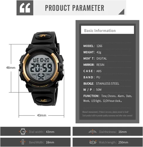 Miniatura 4 de Dayllon Reloj digital para niños, deportes al aire libre, 164.0 ft, impermeable, relojes electrónicos, despertador, 1224 H, cronómetro, calendario