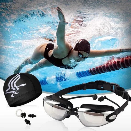 Miniatura 7 de Gafas de natación impermeables y juego de gorras 4 en 1, lentes de protección UV 400 transparentes antivaho
