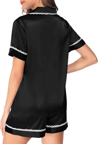 Miniatura 3 de SWOMOG Conjunto de pijama de satén de seda para mujer, ropa de dormir de manga corta, suave, con botones, 2 piezas, pijama de encaje