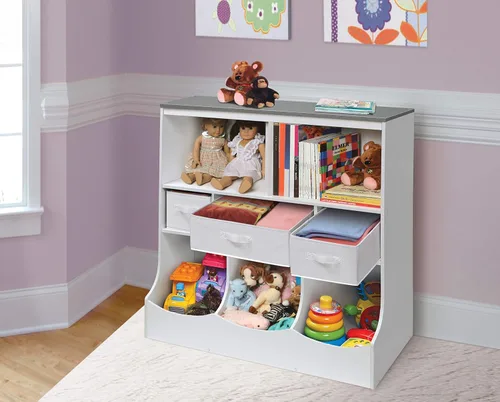 Miniatura 2 de Badger Basket Combo Bin Unidad de almacenamiento de juguetes y estante para libros para niños con 3 cestas - Blanco/Gris Blanco/Gris Woodgrain