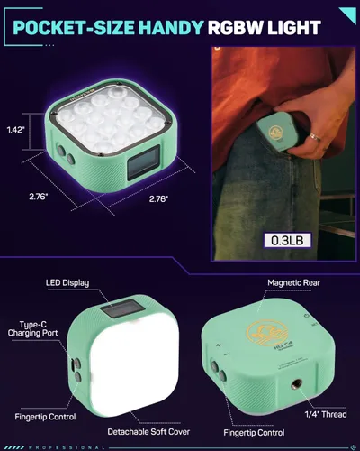 Miniatura 7 de IFOOTAGE Luz de video RGBW, luz de cámara RGB portátil, 2700K-10000K/CRI 95+/120 minutos de duración de la batería/recarga/control