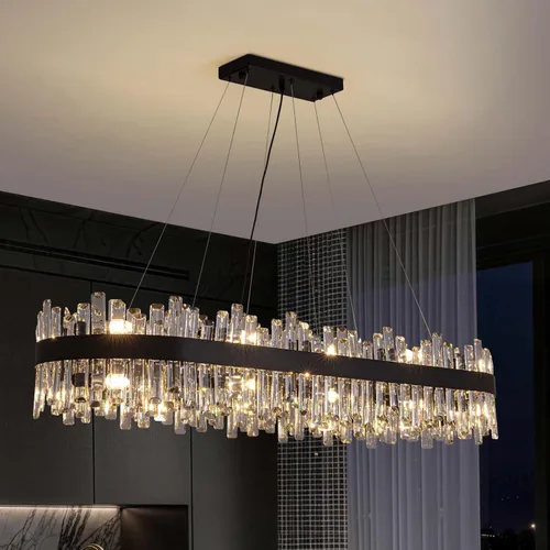 Miniatura 20 de Siljoy Candelabro moderno de cristal de 12 luces de oro cepillado de 2 niveles con forma de gota de lluvia de cristal, ajustable, montaje al ras