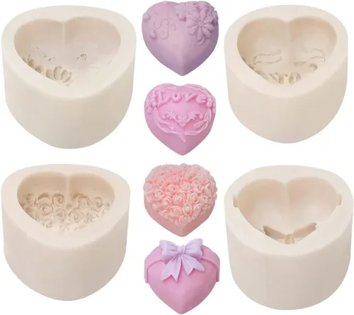Miniatura 2 de Paquete de 4 moldes de silicona en forma de corazón de resina con flores de rosa para vela, pastel, jabón, caramelo - Forma redonda XQ-Heart-4-Pack