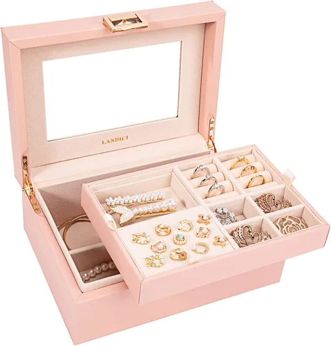 LANDICI Organizador de joyas para mujeres y adolescentes, estuche grande de almacenamiento de joyas con espejo y bandeja extraíble de 2 capas,
