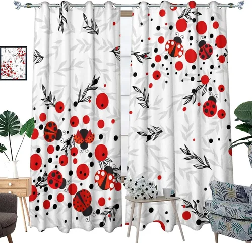 Miniatura 3 de Cortinas opacas de estilo japonés de mariquita de dibujos animados, diseño de eucalipto de mariquita roja y negra, juego de tratamiento de ventana