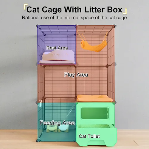 Miniatura 2 de Oneluck Jaula para Gatos de Interior con Caja de Arena de 3 Niveles DIY Corral para Gatos Desmontable Jaula de Alambre Metálico Grande Lugar