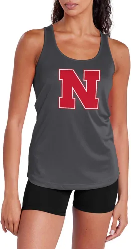 Miniatura 353 de Camiseta deportiva sin mangas oficial de la NCAA Collegiate para mujer, con espalda cruzada, logotipo primario, colección carbón