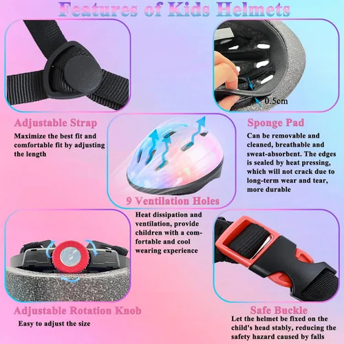 Miniatura 4 de Casco de bicicleta para niños de 3 a 8 años, casco ajustable para niños y niñas, casco ajustable con rodilleras, coderas, muñequeras