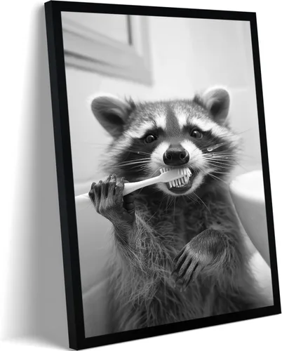 Miniatura 12 de Lienzo enmarcado en blanco y negro para el baño, divertida decoración de baño de animales, linda nutria sosteniendo un rollo de papel higiénico