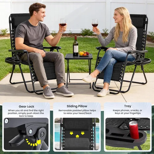 Miniatura 6 de Zero Gravity - Juego de 2 sillas reclinables plegables de gran tamaño, acolchadas antigravedad con almohada ajustable y portavasos para campamento