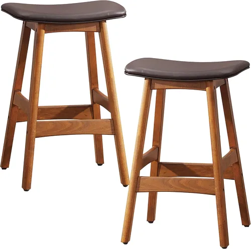 Miniatura 8 de Homelegance Mid-Century Taburete de altura de mostrador, juego de 2, marco de madera maciza, asiento tapizado de piel sintética, reposapiés, isla