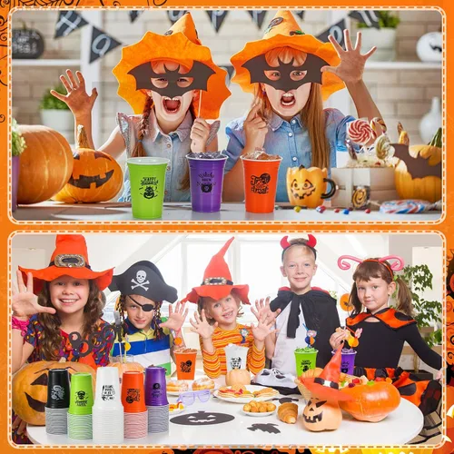 Miniatura 5 de Lallisa 50 vasos de plástico de Halloween de 16 onzas desechables para fiesta de Halloween, divertidos vasos de calabaza, fantasma, calavera, gato