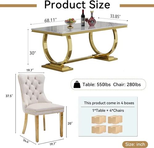 Miniatura 3 de HomVent Juego de mesa de comedor moderna de mármol sintético para 4 personas, mesa de cocina rectangular con 4 sillas beige (dorado)