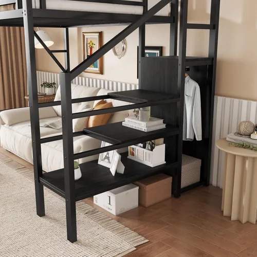 Miniatura 6 de KEIKI Estructura de Cama Loft de Metal Tamaño Twin con Escalera Convertible, Estantes de Almacenamiento Integrados y Armario, Cama Loft con Listones