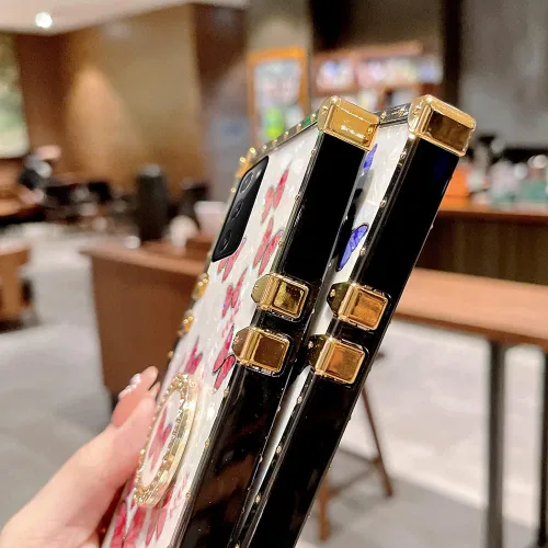Miniatura 15 de Funda de mariposa con soporte de anillo para Galaxy Z Flip 3 para mujeres y niñas, diseño de caja cuadrada de lujo, diseño de mármol brillante