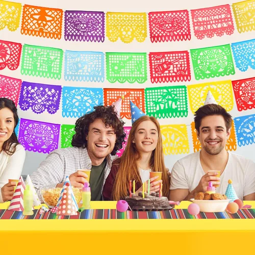 Miniatura 6 de Preboun Mantel de plástico mexicano y pancarta de papel picado mexicano, suministros de decoración de fiesta, cubierta de mesa para mesas Colorido