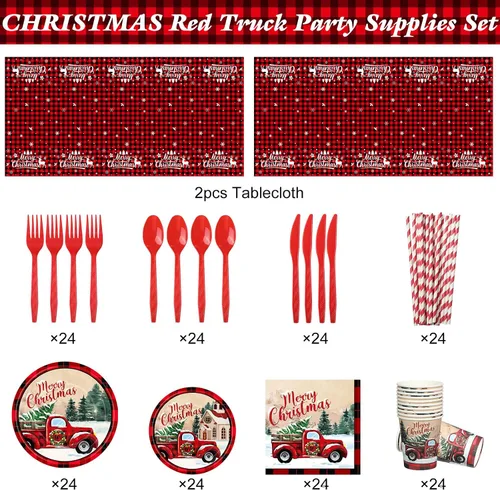 Miniatura 2 de Juego de vajilla desechable de 194 piezas de Feliz Navidad, suministros de fiesta de Navidad a cuadros, incluye platos de camión rojos, tazas