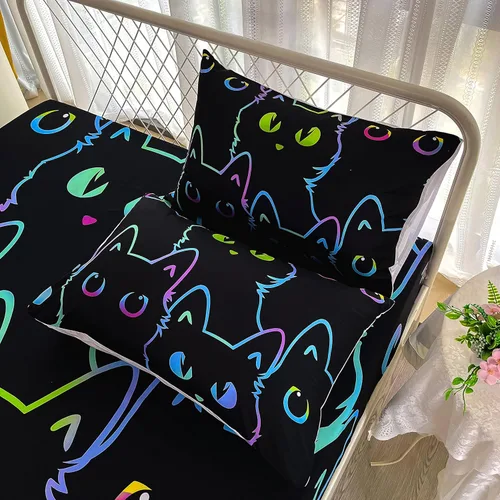 Miniatura 6 de BailiPromise Lindo juego de sábanas de dibujos animados de gatos, tamaño completo, sábanas de animales para niños con funda de almohada, sábana Son