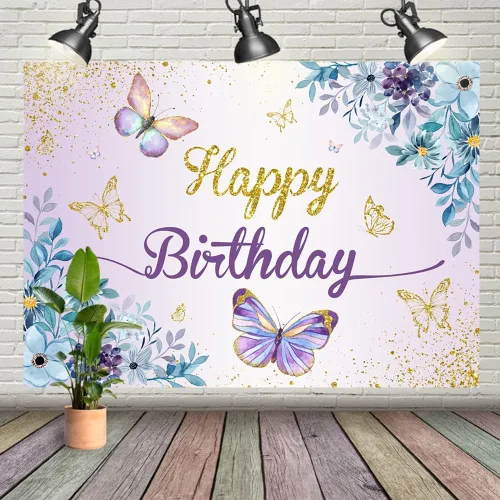 Miniatura 2 de Telón de fondo de mariposa de 7 x 5 pies, diseño de mariposas moradas, besos y deseos de cumpleaños, mariposas azules, flores doradas, fondo