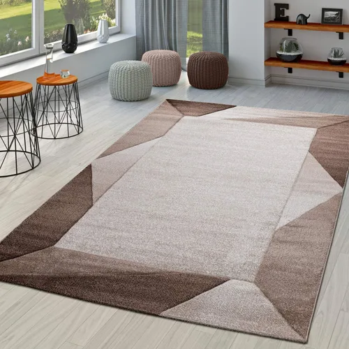 Alfombra moderna con bordes geométricos en marrón beige con corte de contorno, tamaño: 5'3" x 7'7"