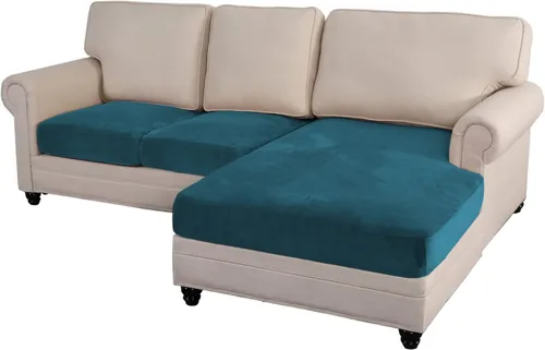 Miniatura 20 de MIFXIN Juego de 4 fundas de asiento para sofá seccional, de terciopelo elástico, en forma de L, protector de muebles para sofá seccional Azul