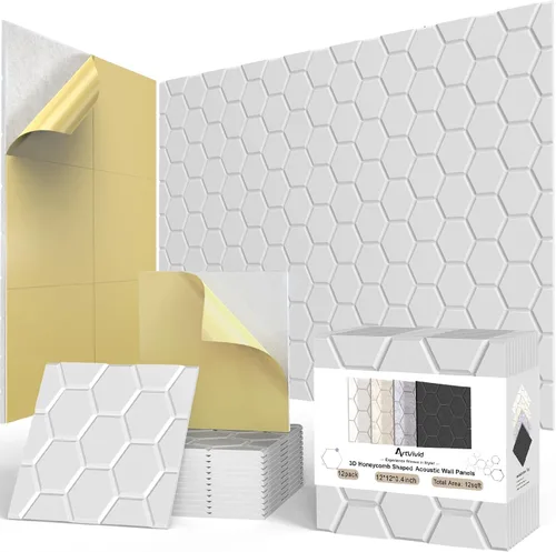 Miniatura 10 de Paquete de 12 paneles acústicos, paneles autoadhesivos con patrón de ladrillo 3D a prueba de sonido para paredes, paneles decorativos de pared