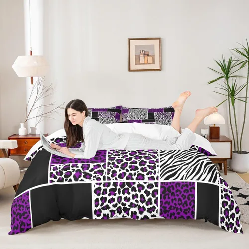 Miniatura 24 de Juego de funda de edredón con estampado de leopardo, tamaño individual, juego de ropa de cama rústica con rayas de piel de cebra, decoración