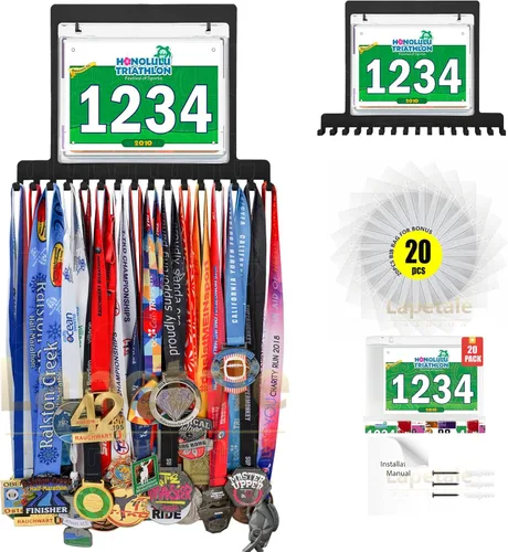 Colgador de medallas para carreras, exhibición de medallas de maratón y colgador de medallas para corredores, exhibición de medallas con dorsal para