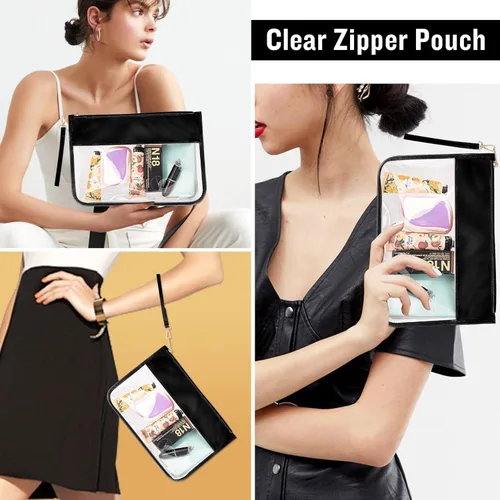 Miniatura 4 de Izuzta Bolsa plana de PVC transparente – Bolsa de maquillaje de viaje con pulsera, bolsa de letras de chenilla, bolsa de cosméticos portátil Negro