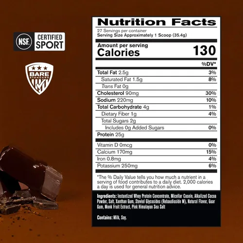 Miniatura 2 de BARE PERFORMANCE NUTRITION, Mezcla de proteína en polvo BPN de suero + caseína, sabor a chocolate de malvavisco, 25g de proteína por porción, apoya