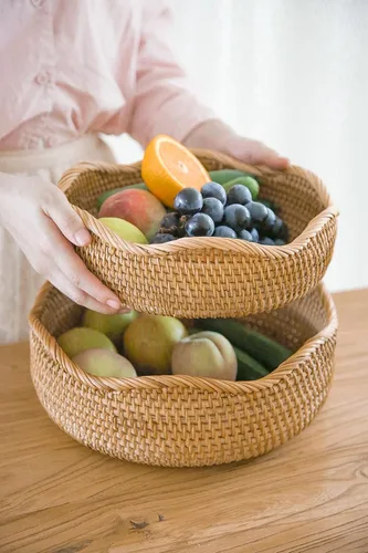 Miniatura 5 de HITOMEN Cestas de pan de ratán hechas a mano, cestas redondas de mimbre para frutas, tazones de almacenamiento de servicio, naturales, decorativas