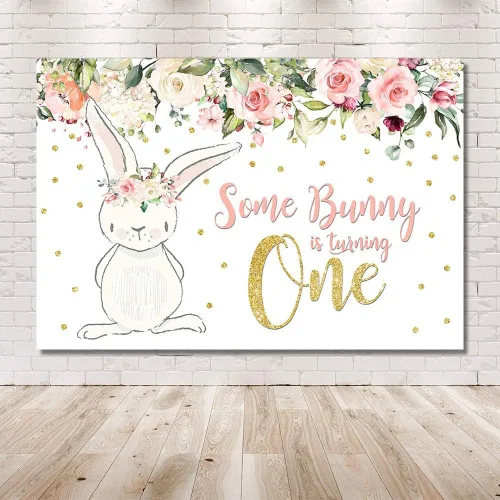 Miniatura 6 de MEHOFOTO - Telón de fondo para fiesta de cumpleaños de 8 x 6 pies, diseño floral rosa con purpurina dorada con texto en inglés "Some Bunny One Girl
