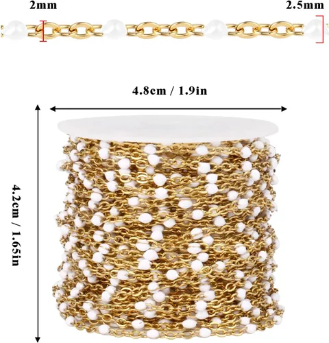 Miniatura 2 de Cadenas de esmalte dorado de 33 pies a granel, 2 mm, chapadas en oro de 18 quilates con PVD, acero inoxidable 304, cadena de eslabones con cuentas