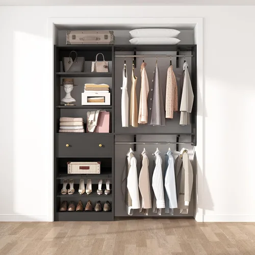 Miniatura 9 de Sistema de armario con cajón: sistema organizador reversible de madera de 5 pies con 2 varillas para colgar y estante ajustable, organizadores