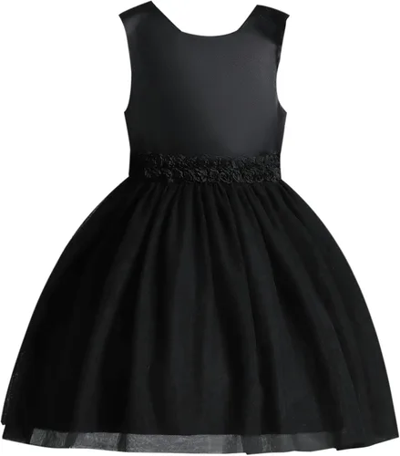 OPAWO Vestido negro para niña pequeña, dama de honor, 3D, tul de encaje, vestido de princesa de satén, vestido de fiesta, concurso, funerario
