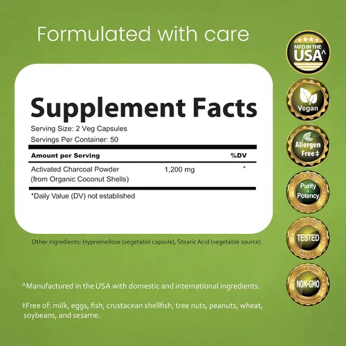 Miniatura 2 de NaturaLife Labs Carbón activado 1200 mg por porción - de cáscaras de coco - 100 cápsulas vegetales - Sin OMG, sin gluten, vegano (2)