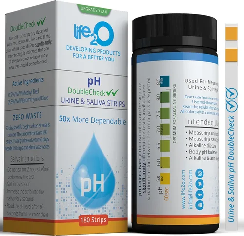 DoubleCheck ✓✓ Tiras de prueba de pH de orina y saliva de 180 unidades, 50 veces más confiables pruebas de equilibrio de pH, niveles alcalinos y