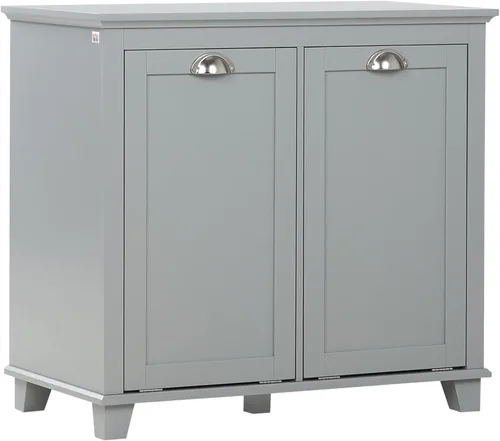 Miniatura 10 de HOMCOM Gabinete de lavandería con doble inclinación, armario de almacenamiento de baño con canasta de 2 compartimentos, gabinete de baño moderno