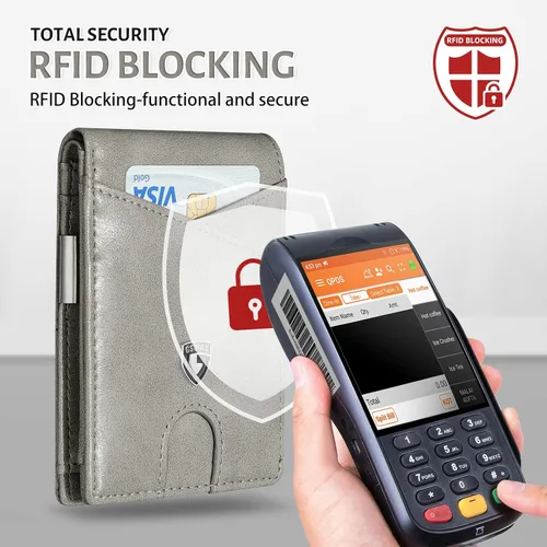 Miniatura 11 de GSOIAX Cartera delgada de cuero plegable RFID para hombre, billetera minimalista con bolsillo frontal con clip para dinero, 12 ranuras para Negro