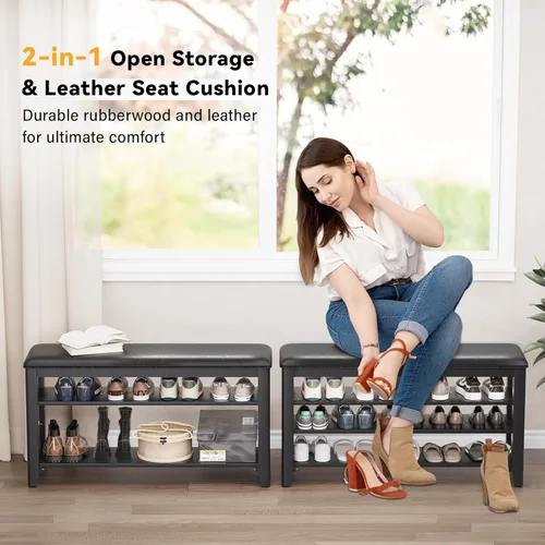 Miniatura 3 de Banco de almacenamiento de zapatos de entrada con cojín de cuero, banco organizador de zapatos para entrada, ideal para pasillos, puertas