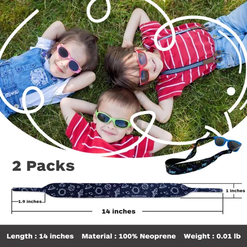 Miniatura 3 de Diseño de retenedor de lentes para niños con material de neopreno flotante, correa ajustable para lentes sin cola para niños y niñas, paquete de 2