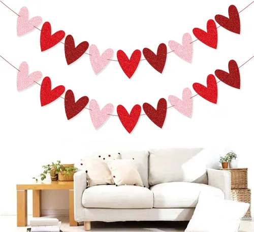 Miniatura 6 de XIANMU Paquete de 2 guirnaldas de corazón con purpurina para decoración del día de San Valentín, diseño romántico de corazón para aniversario, boda