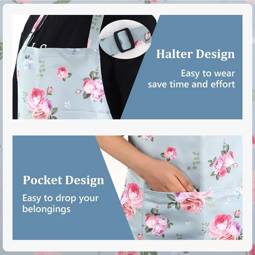 Miniatura 4 de 2 Pack Floral Apron, Adjustable Waterproof Aprons with 2 Pockets Cute Apron for Kitchen, Baking for Mom Wife Sister