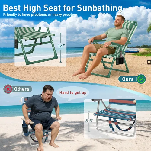 Miniatura 3 de Suteck Sillas de playa tipo mochila para adultos, paquete de 2, silla reclinable plegable de 6 posiciones con bolsa enfriadora y soporte para tazas
