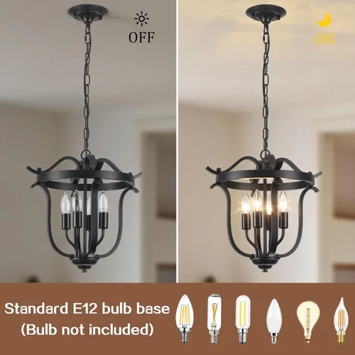Miniatura 5 de Candelabro negro estilo jaula de granja E12 4 lámparas de techo lámparas vintage para comedor, cocina, entrada, pasillo, vestíbulo