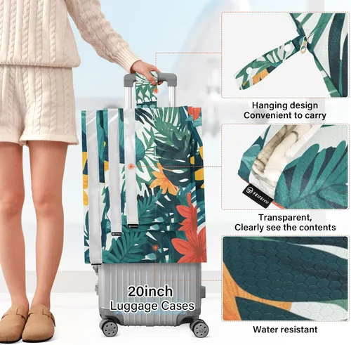 Miniatura 2 de Tropical Style Green Leaves Flower 3 Set Packing Travel Bags Waterproof Storage Bags For Closets Saver Travel Bags Organizers For Bedroom