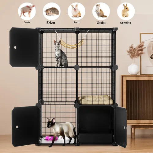 Miniatura 8 de PAWING Recinto para gatos para interiores con caja de arena, jaula de alambre de metal de 3 niveles, diseño desmontable para gatos, gatitos