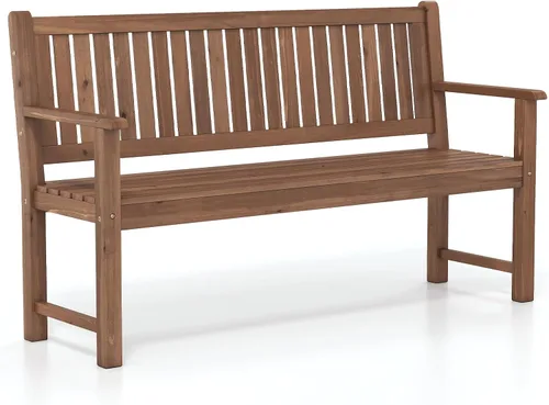 Miniatura 10 de Tangkula Banco de madera para exteriores de 2 plazas, banco de sofá biplaza de jardín con respaldo, reposabrazos, asiento de listones, carga